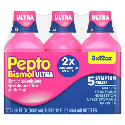 Pepto Bismol Ultra, 5 Symptom Digestive Relief Liquid, 12oz Each Bottle, 3 Pack