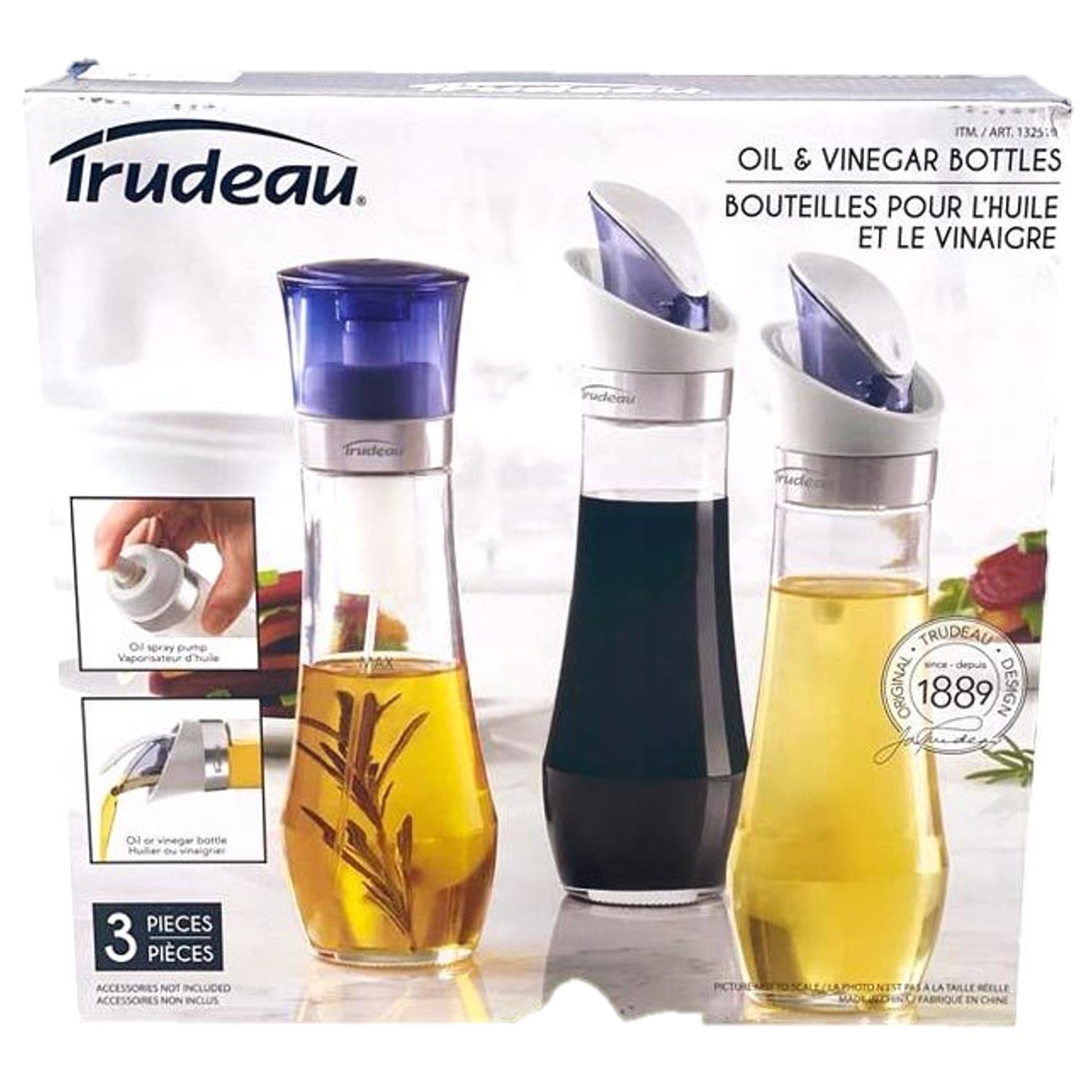 Trudeau Oil & Vinegar Set,  1 Spray Pump and 2 Auto Pour Clear Bottle 3 Pack