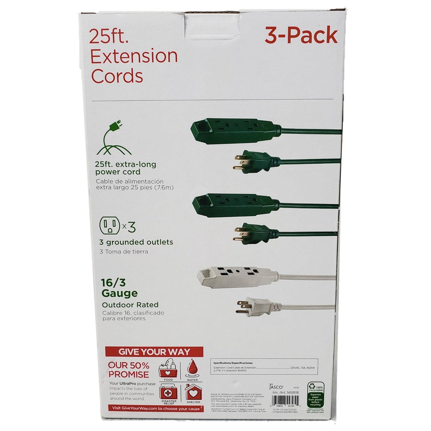 Jasco UltraPro Extension Cords 2 x Green 1 x White 25 Ft each - 3 Pack