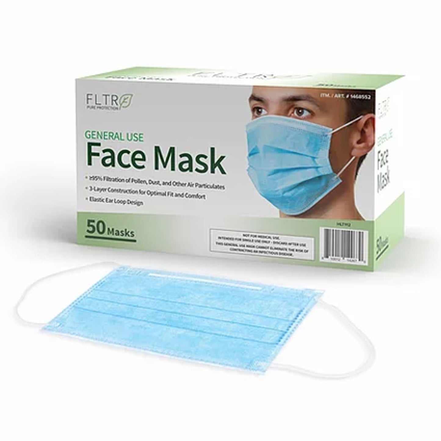 FLTR Face Mask Sized for Adults 3-layer 95% Filtration Blue 1 Case - 50 Pack