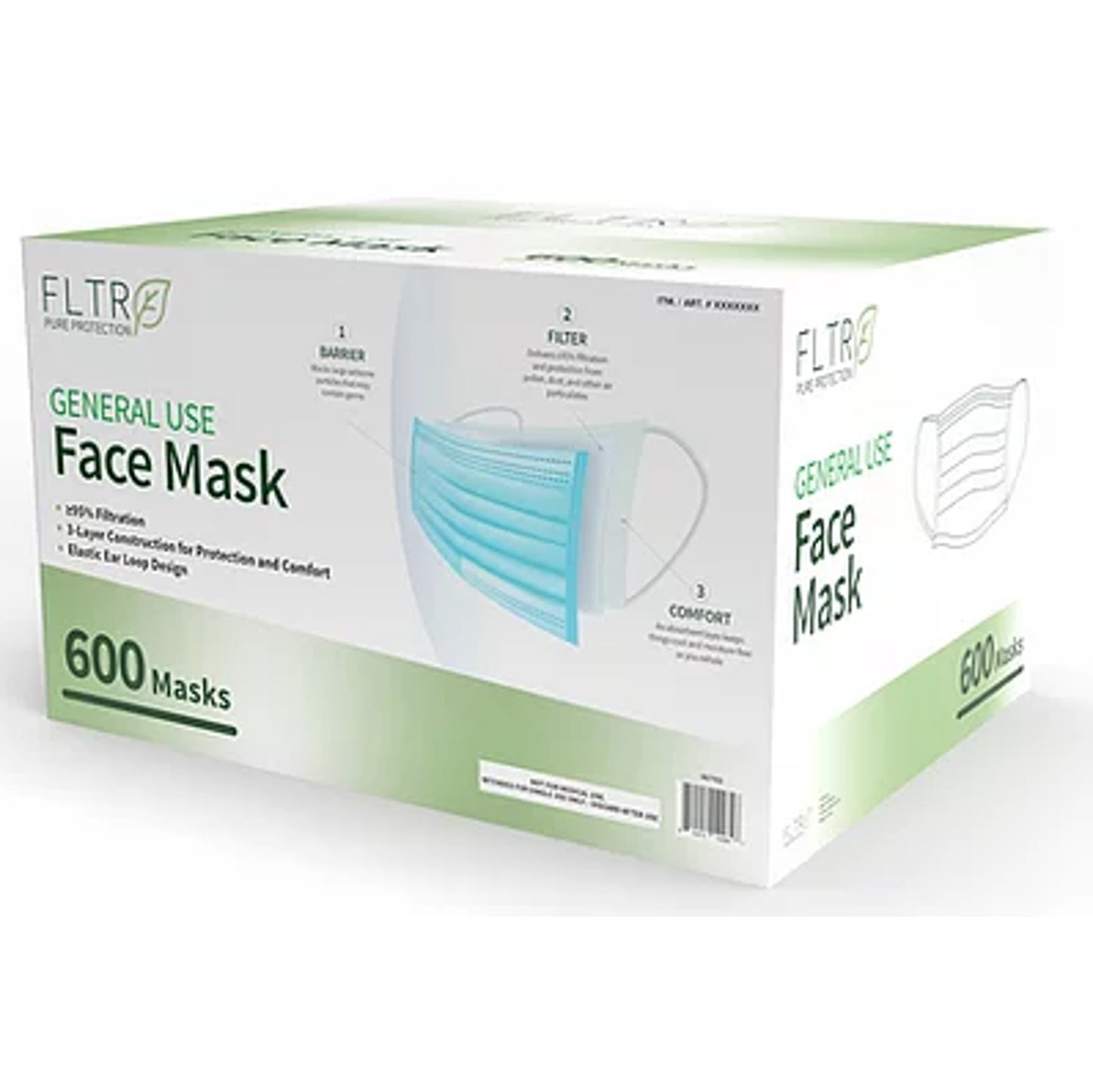 FLTR Face Mask Sized for Adults 3-layer 95% Filtration Blue 12 Case - 600 Pack