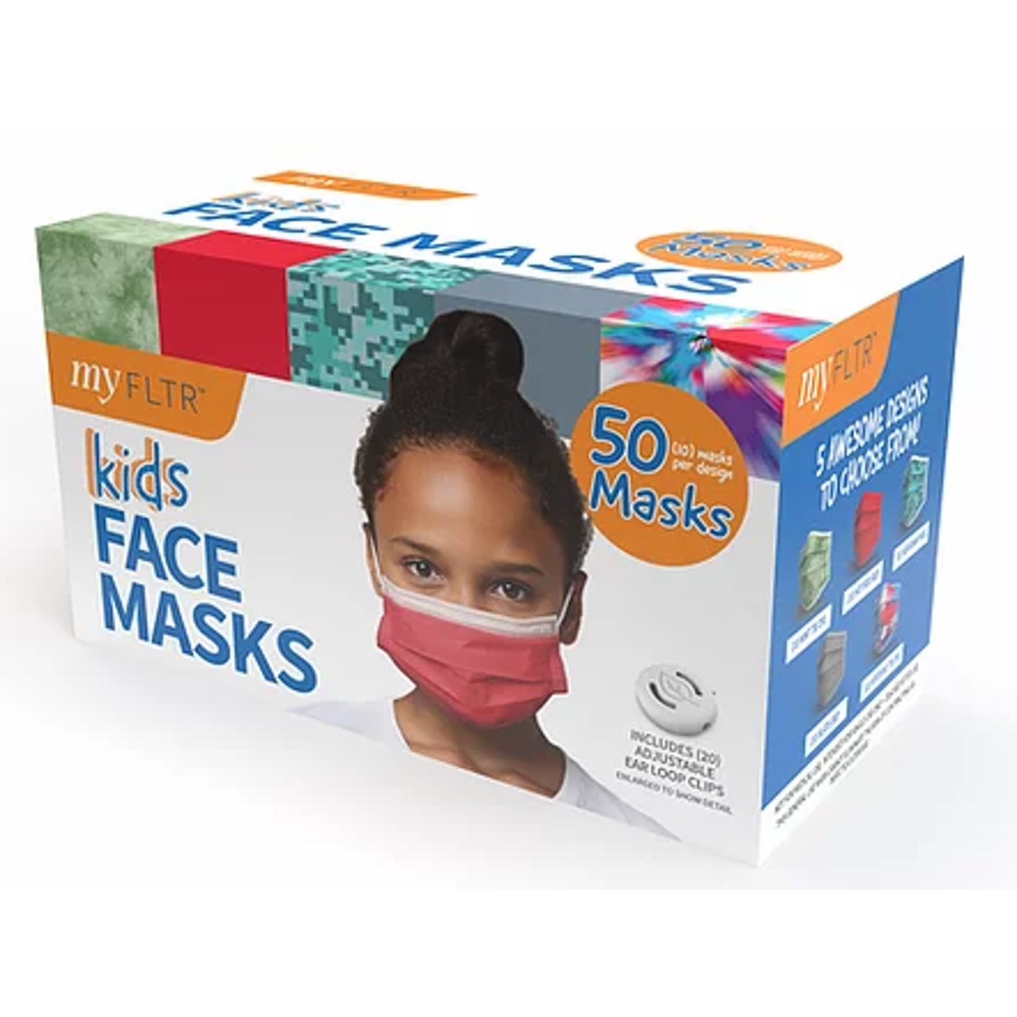 FLTR Face Mask Sized for Kids 3-layer 5 Designs 1 Case - 50 Pack 95% Filtration