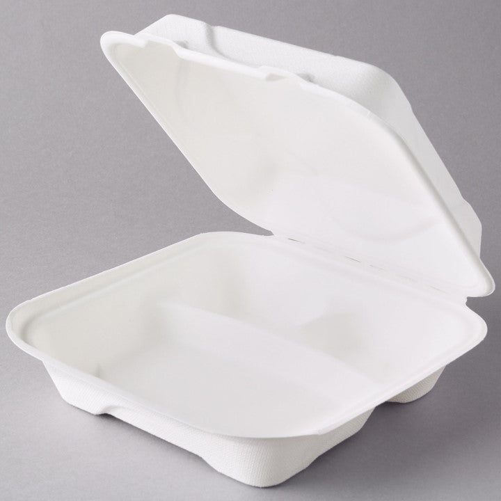 Take Out Clamshell 8" 3 Compartment 8X8X3 Bagasse Biodegradable Eco 200 Pack
