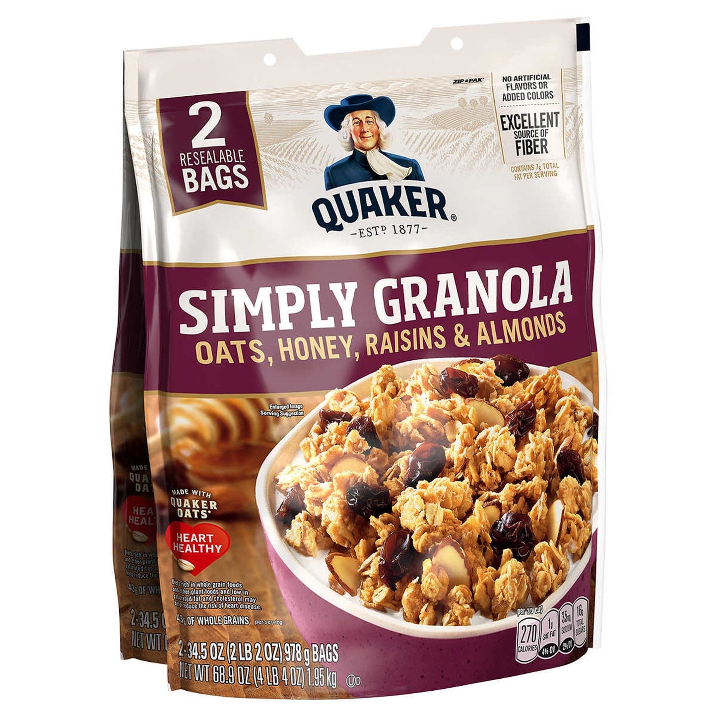 Quaker Simply Granola Cereal, Oats, Honey, Raisins & Almonds 34.5oz ea, 2 Pack