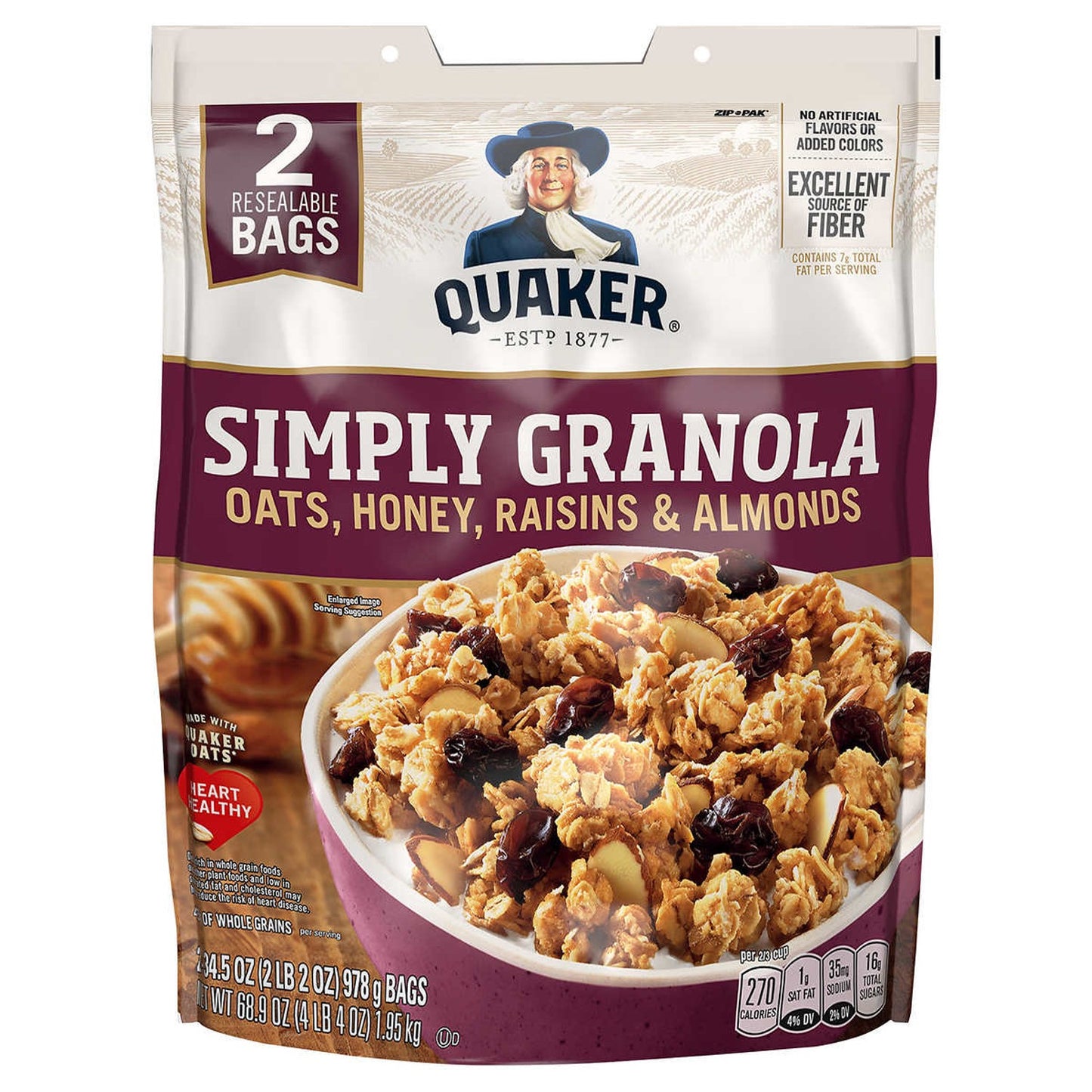 Quaker Simply Granola Cereal, Oats, Honey, Raisins & Almonds 34.5oz ea, 2 Pack