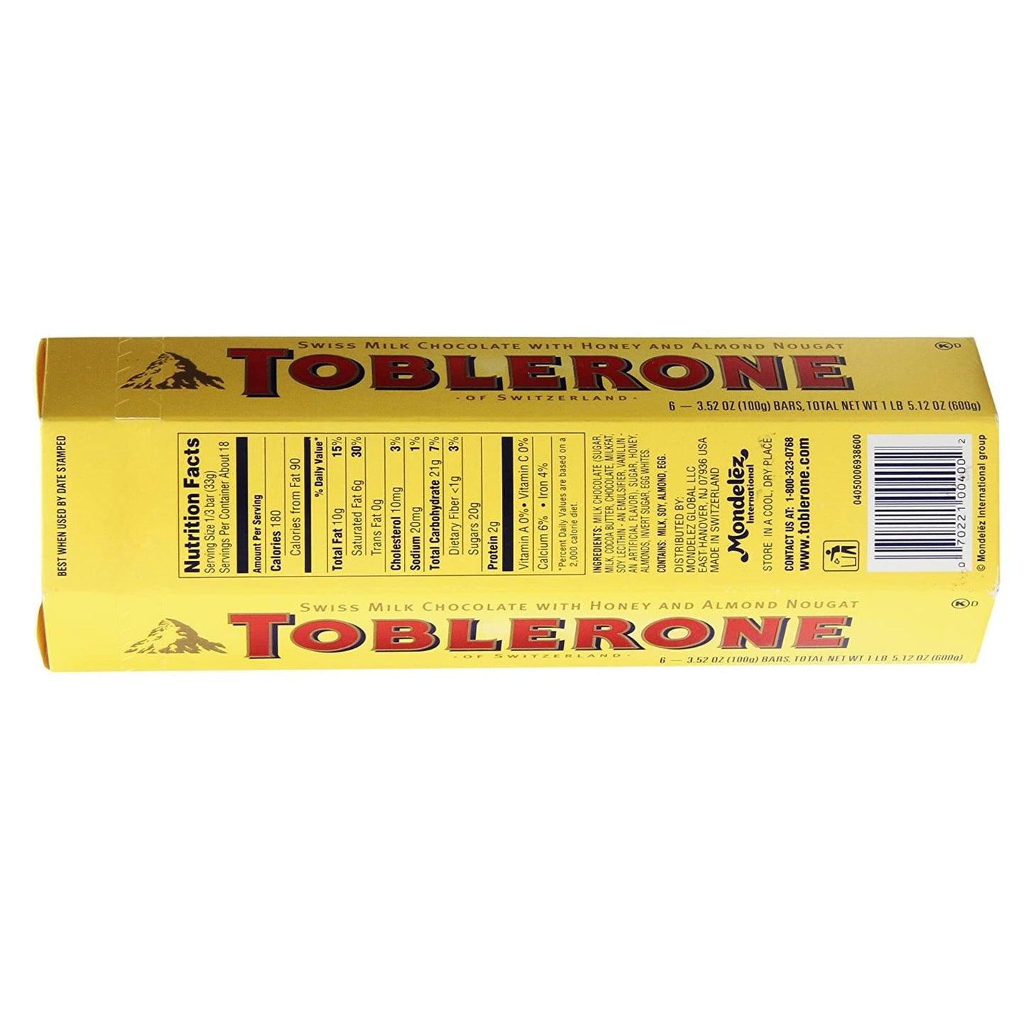 Toblerone Swiss Milk Chocolate with Honey and Almond Nougat 100g ea Bars 6-Pack