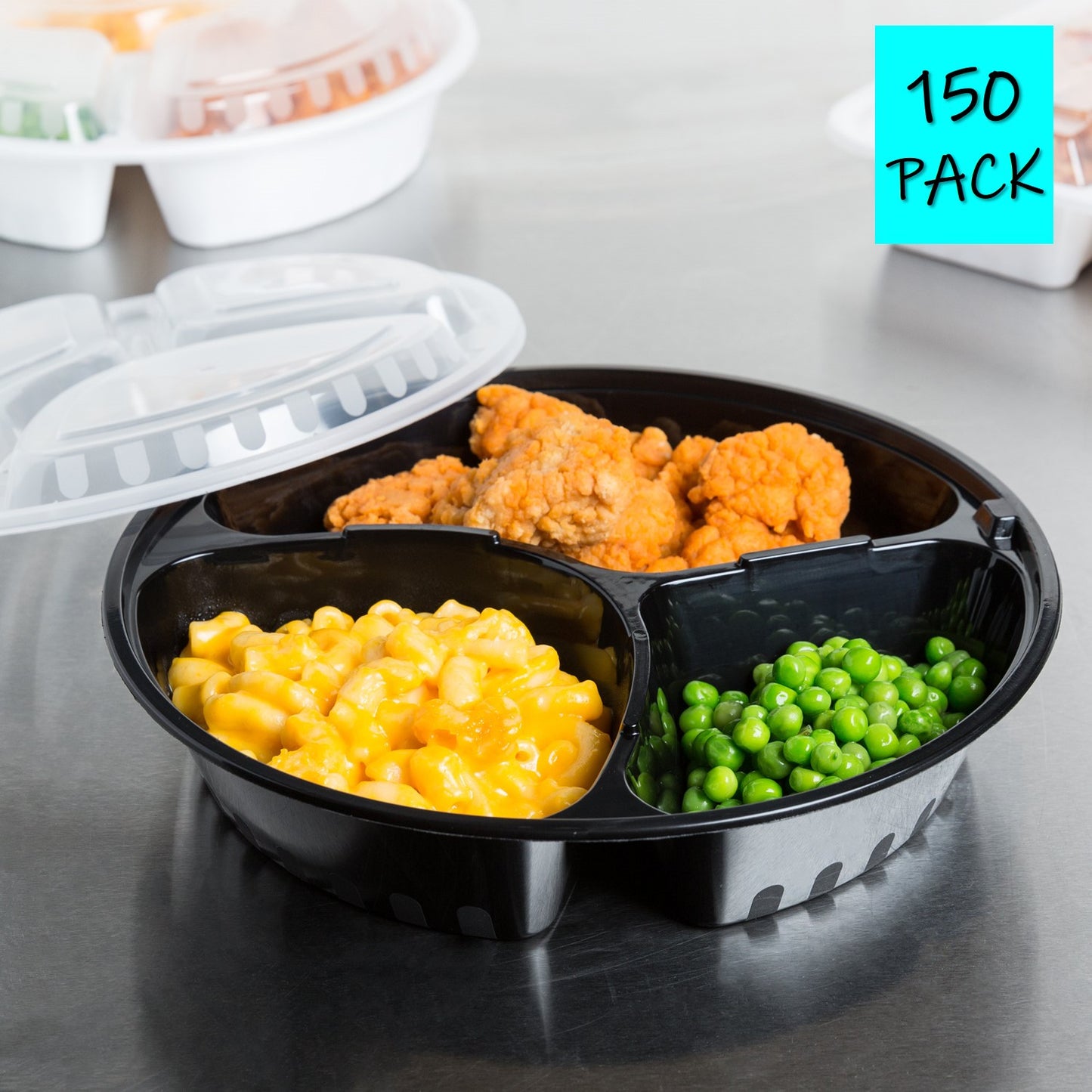 Take-Out Container 9" 39oz 3 Compartment With Lid Round Plastic Black 150 Pack