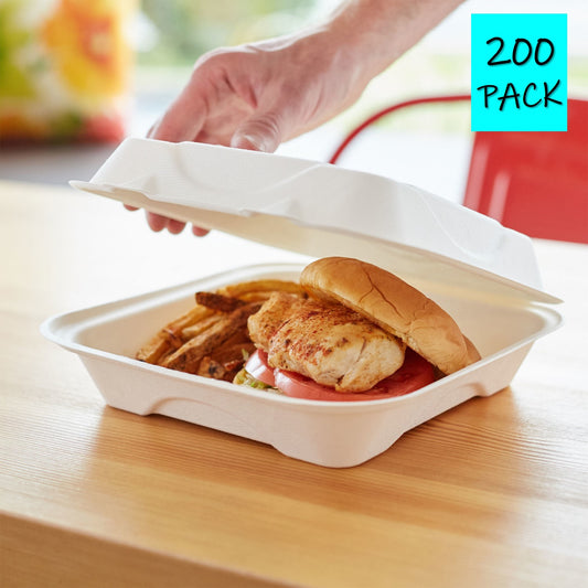 Take Out Clamshell 8" 1 Compartment 8X8X3 Bagasse Biodegradable Eco 200 Pack