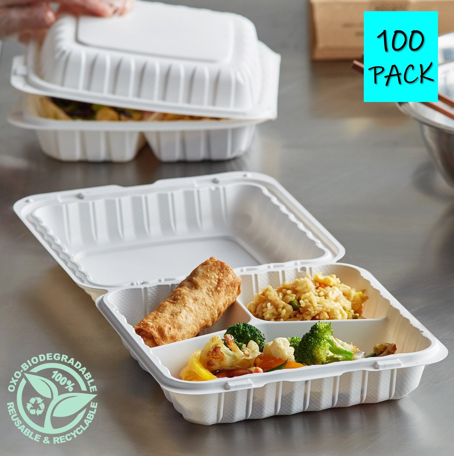 Take Out Clamshell 9" 3 Compartment 9X9X3 Microwaveable Eco-Friendly 100 Pack