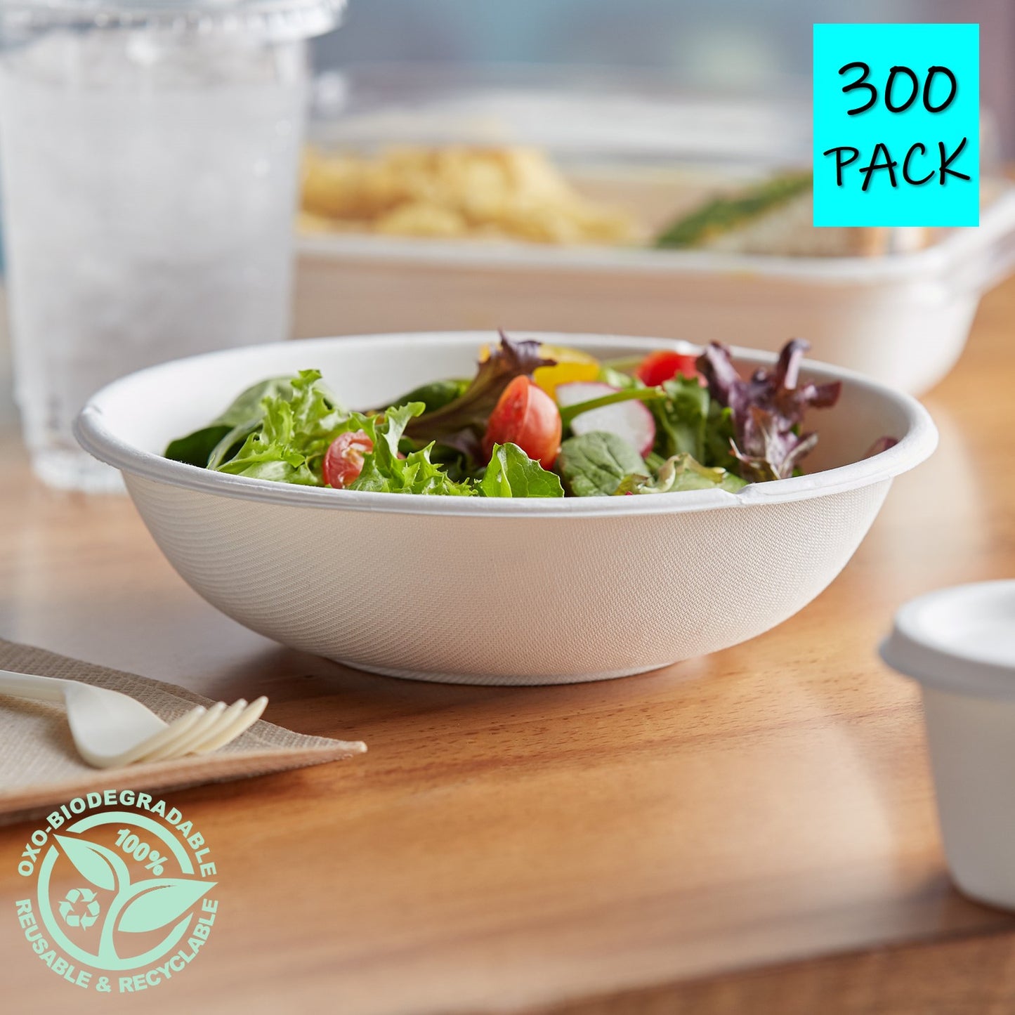 Take-Out Container Round Bowl 8" 32oz 1 Compartment Eco-Friendly Natural 300 Pack