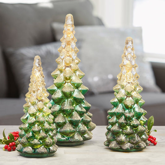 LED Glass Holiday Christmas Trees Green transition to glass gold glitter 3-Pack