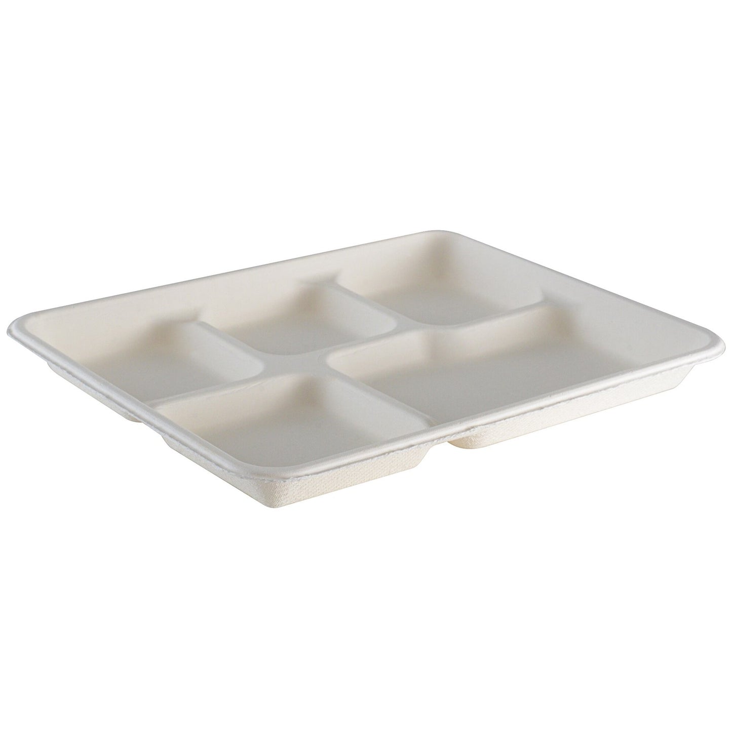 Tray Meal Serving 10" 5 Compartment 10X8 Bagasse Rectangle White 500 Pack
