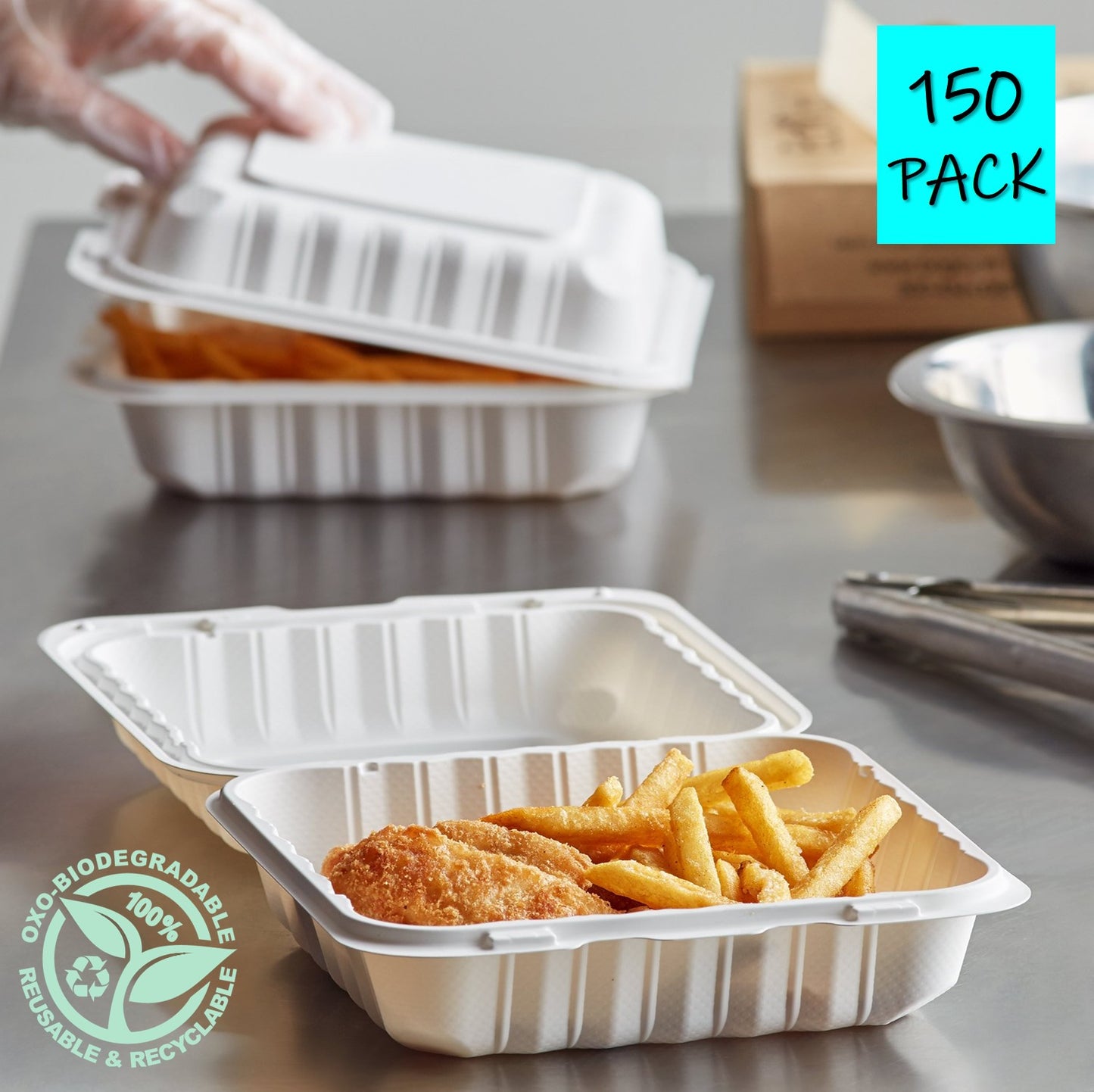 Take Out Clamshell 8" 1 Compartment 8X8X3 Microwaveable Eco-Friendly 150 Pack