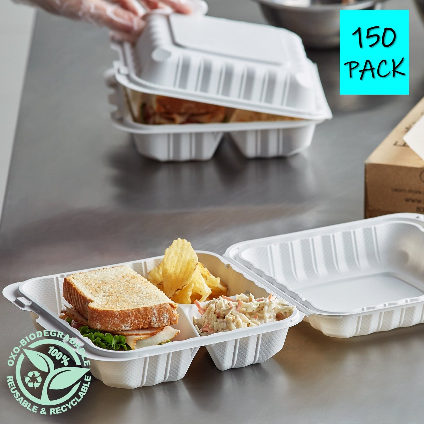 Take Out Clamshell 8" 3 Compartment 8X8X3 Microwaveable Eco-Friendly 150 Pack