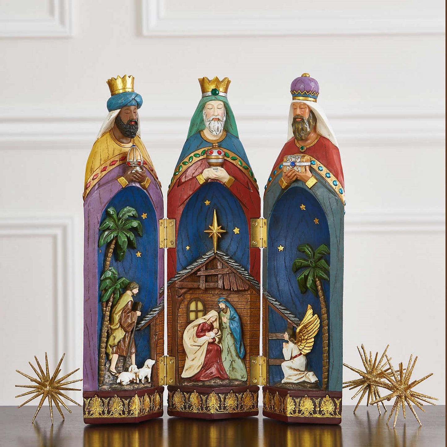 Nativity Tri-Fold 16" Figurine Three Kings Hand-crafted Hand-painted Christmas