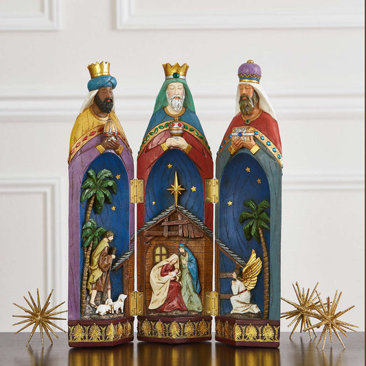 Nativity Tri-Fold 16" Figurine Three Kings Hand-crafted Hand-painted Christmas
