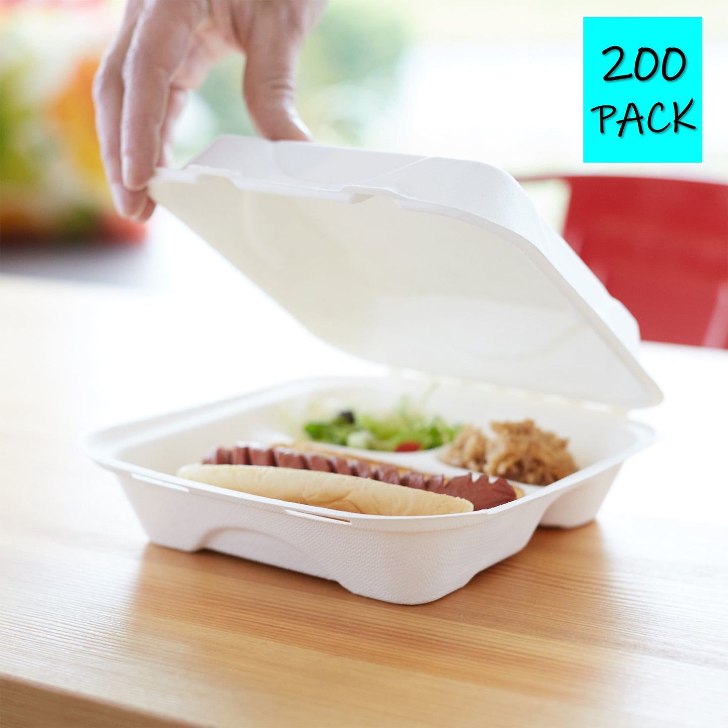 Take Out Clamshell 8" 3 Compartment 8X8X3 Bagasse Biodegradable Eco 200 Pack